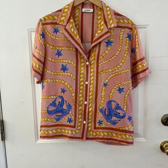 Sandro Woman's Summer Athea Silk Print Muti-Color Blouse Sz Sm - Picture 5 of 11